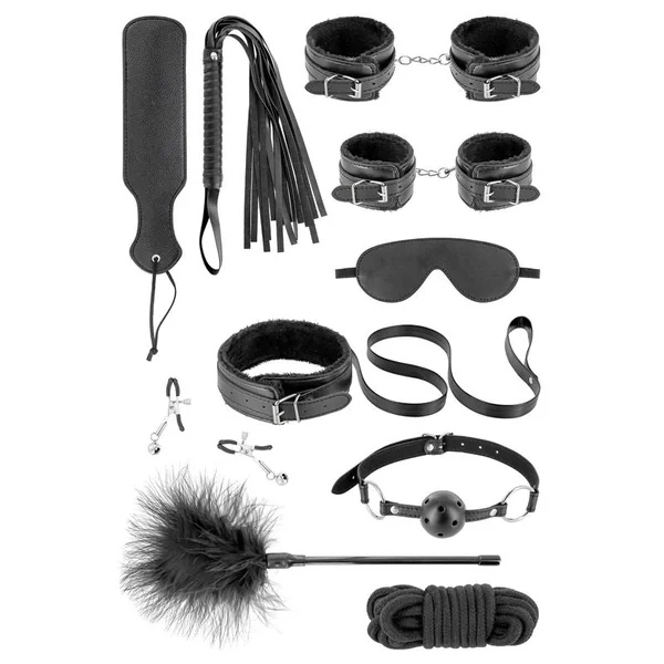 10 Piece BDSM Set - FetishTentation | Handcuffs, Gag, Rope, Clamps, Paddle & More