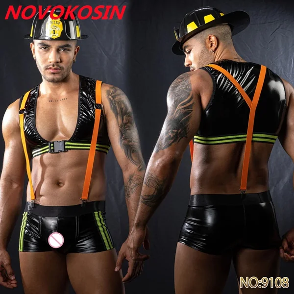 28-Style Firefighter & Policeman Cosplay Set – Men’s Sexy Faux Leather Uniform Costume | Gay Clubwear Lingerie Top & Tee Shirt