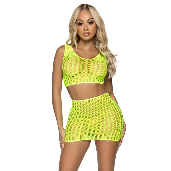 2 Pc. Crochet Net Crop Top and Mini Skirt - One Size - Neon Yellow