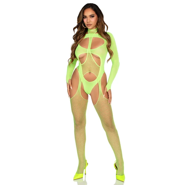 2 Pc Fishnet Suspender Lingerie Jumpsuit and Layered Opaque Teddy O/s - Neon Green