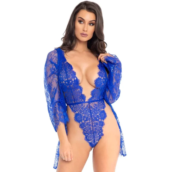 3pc Lace Teddy and Robe Set - Royal Blue - Large