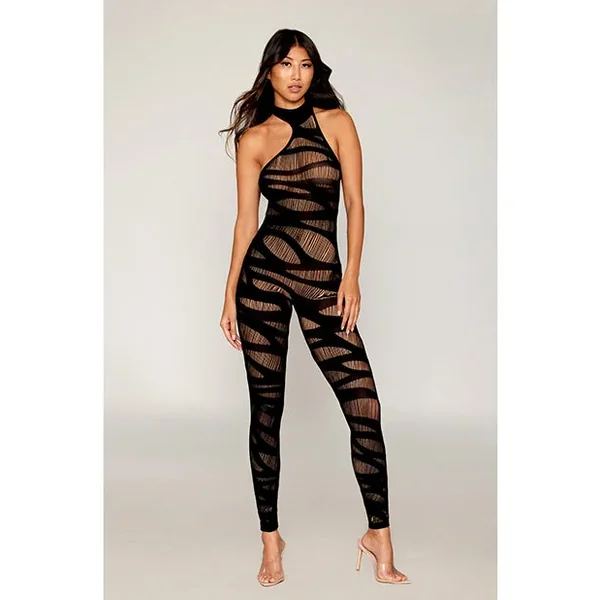Asymmetrical Knitted Bodystocking w/Slash Design – Black O/S