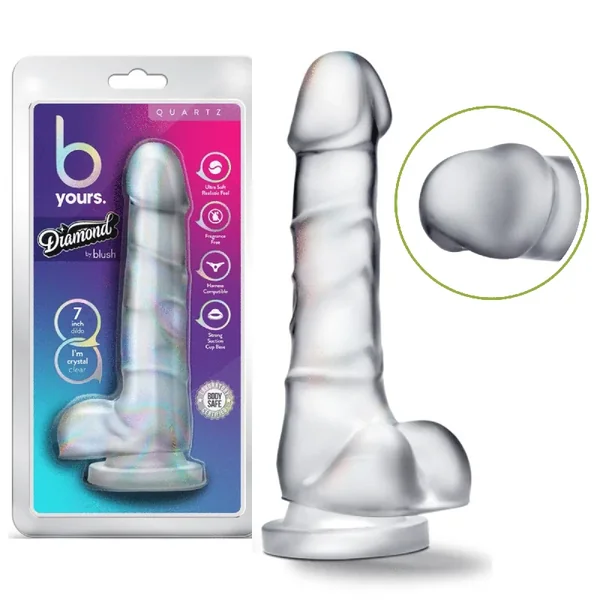 B Yours Diamond Quartz 7.5-inch Pegging Dildo with Sturdy Suction Cup – Clear