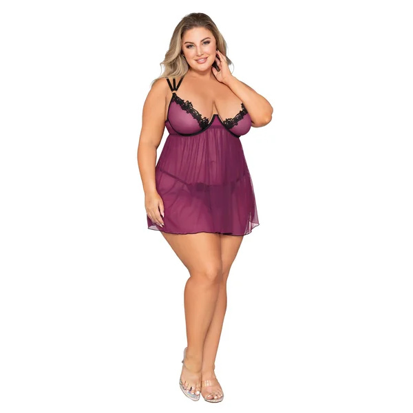 Babydoll and Open Crotch G-String - Queen Size - Mulberry