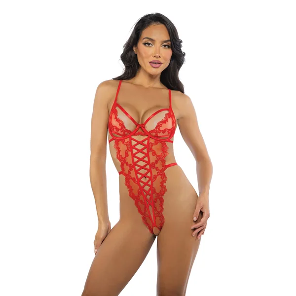 Baroque Heart Embroidered Lace Teddy - Red