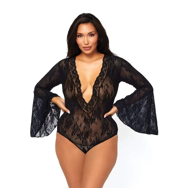 Bell Sleeve Bodysuit - Queen Size - Black
