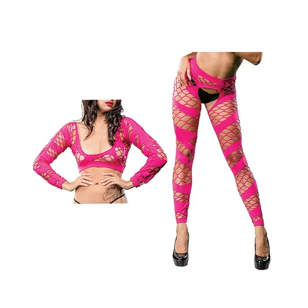 Beverly Hills Naughty Girl Crotchless Mesh & Fishnet Leggings Pink O/S