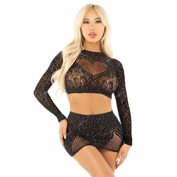 Black 2pc Rhinestone Lace and Net Crop Top with - Heart Keyhole Mini Skirt - Os