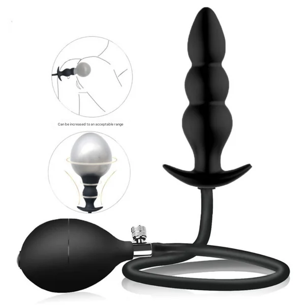 Black 3-Bead Pull-On Inflatable Butt Plug - Large Silicone Dilator