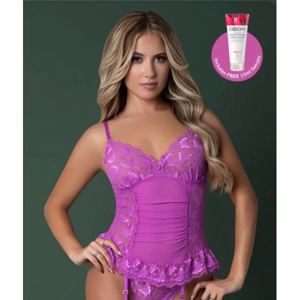 BUTTERFLY FANTASIES BASQUE & CHEEKY PANTY PURPLE GLOW S/M