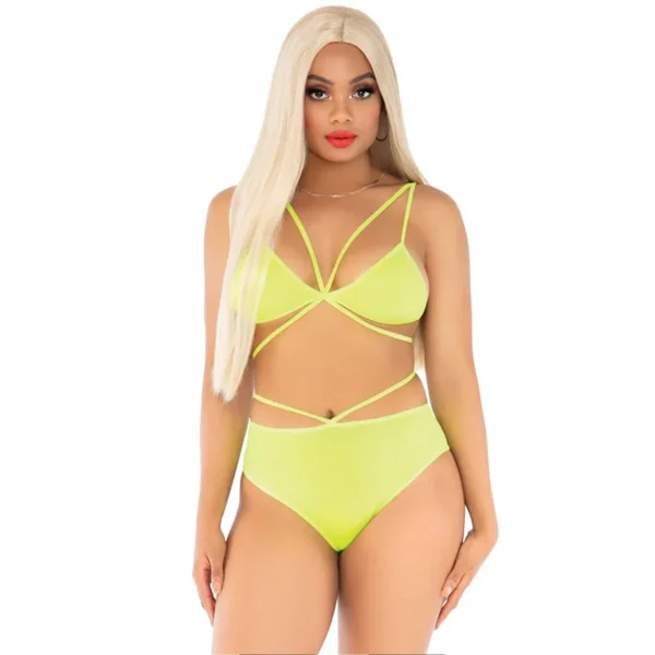 Cage Strap Bra Top and Brazilian Briefs Neon Yellow OS