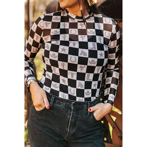 Checkered Mock Neck Long Sleeve Top