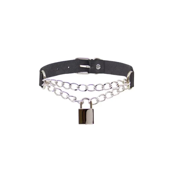 Cho024 Chain & Padlock Faux Leather Choker