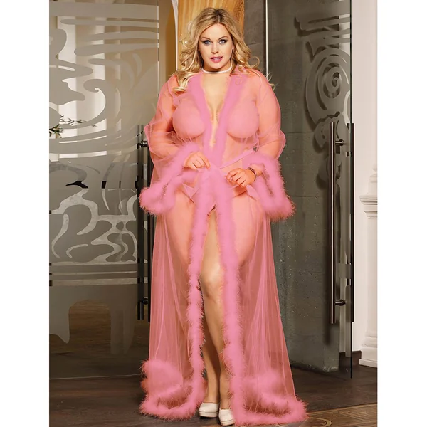 ComeOn Dear – Robe Mesh with Plush Edging – Pink – Queen
