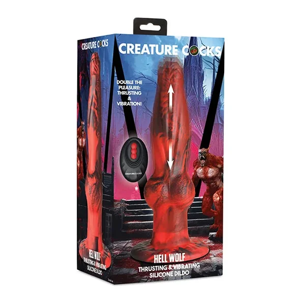 Creature Cocks Hell-Wolf Thrusting & Vibrating Silicone Dildo – Black/Red