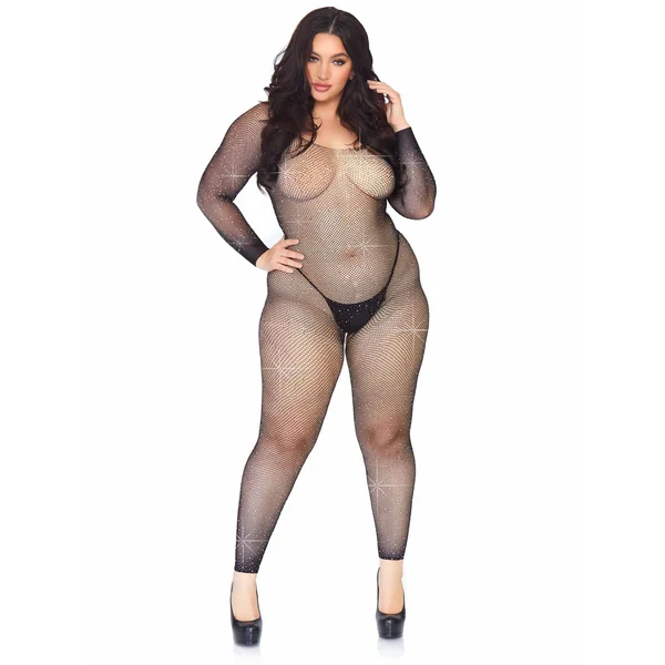 Crystalized Seamless Fishnet Long Sleeved Bodystocking - 1x/2x - Black