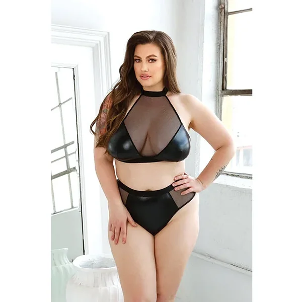 Curve Rebel Wetlook Halter Top w/Removable Chain & Panty Black 3X/4X
