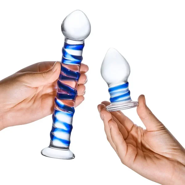 Double Penetration Glass Swirly Dildo & Butt Plug Set