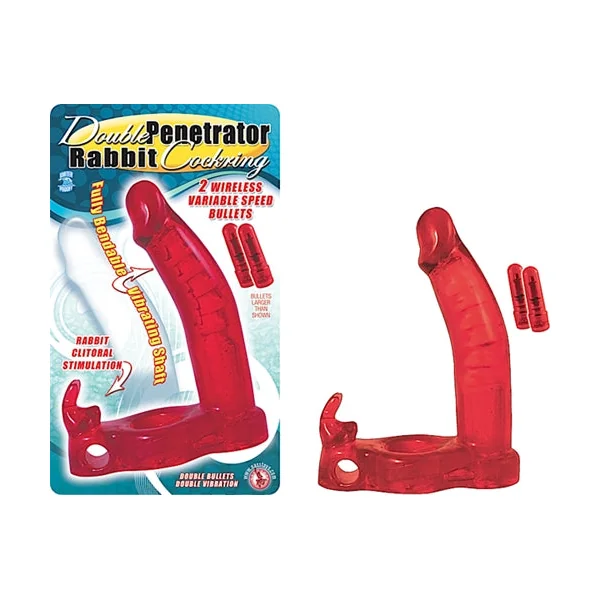 Double Penetrator Rabbit Cock Ring - Red