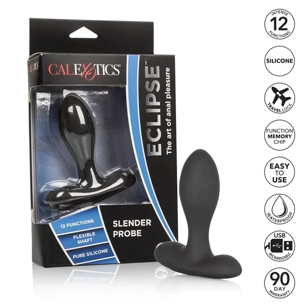 Eclipse Slender Probe Silicone USB Rechargeable Butt Plug Waterproof Black 3.75 Inch