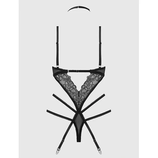 Eden Embroidered Lace & Mesh Teddy w/Garters – Black LG