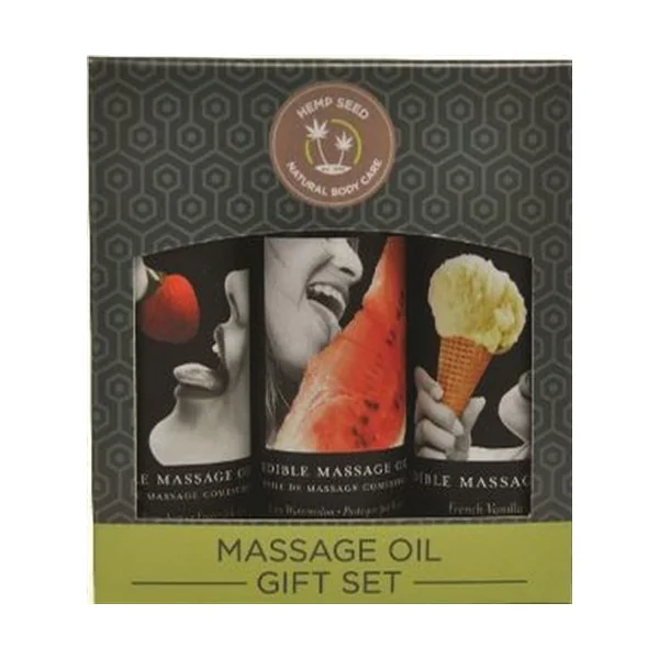 Edible Massage Oil Gift Set Box - 2 Fl. Oz. Bottles - Strawberry, Watermelon, Vanilla