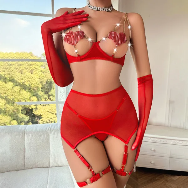 Exposed Chest Heart Chain Mesh Lingerie Set β Five-Piece Sexy Transparent Outfit | Thirty Shades Of Play