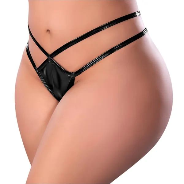 Exposed Liquid Onyx Wet Look Strappy Cutout Crotchless Thong - Curvy