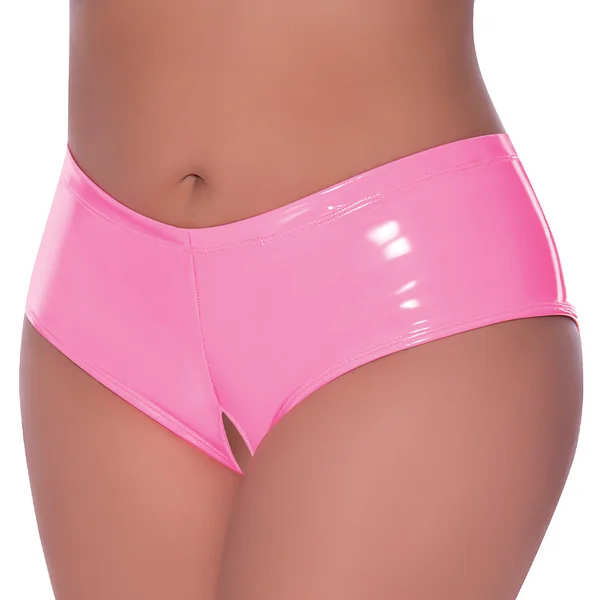 Exposed Wet Look Low Rise Split Crotch Boy Short - Curvy