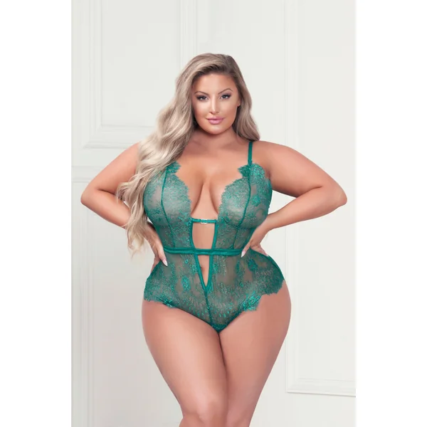 Eyelash Lace Teddy With Satin Ribbon Bow - Queen Size - Green