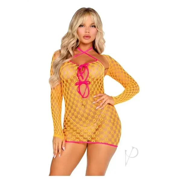 Eyelet Net Mini Dress with Tie-Front and Shrug O/S