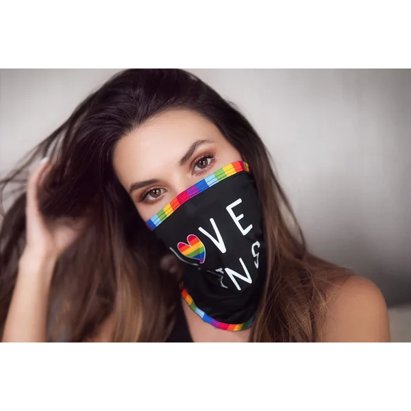 Face/ Neck Bandana - Love Wins - Black/ Rainbow Print - One Size