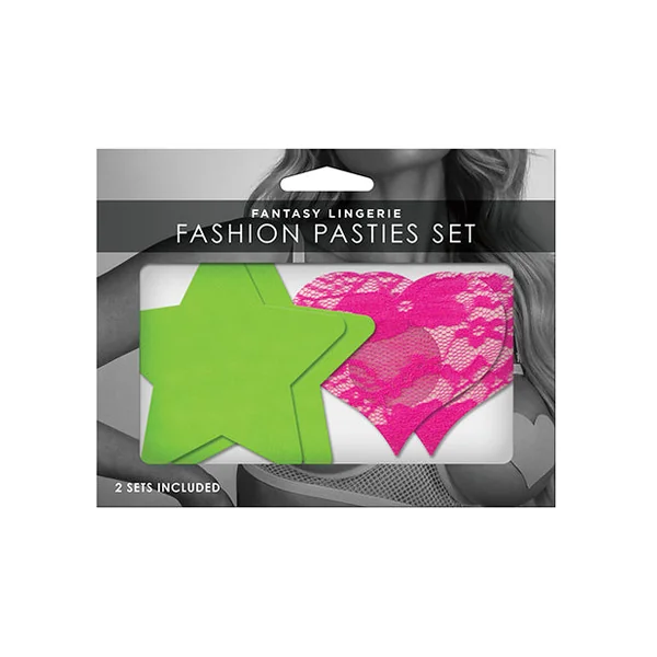 Fantasy Uv Reactive Neon Star & Lace Heart Pasties - Green & Pink O-s Pack Of 2