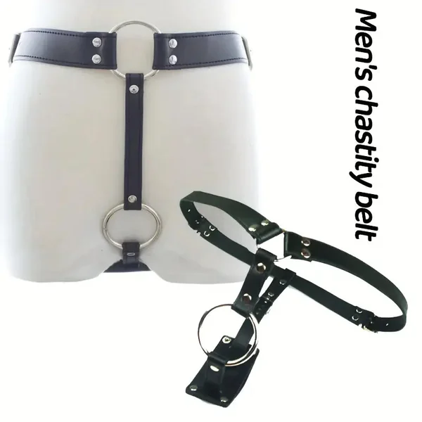 Faux Leather Chastity Pants Vibrating Anal Plug Adjustable Straps Metal Rings