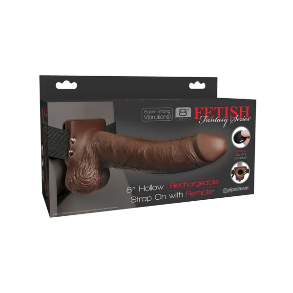 FETISH FANTASY 8 IN HOLLOW RECHARGEABLE STRAP-ON REMOTE BROWN