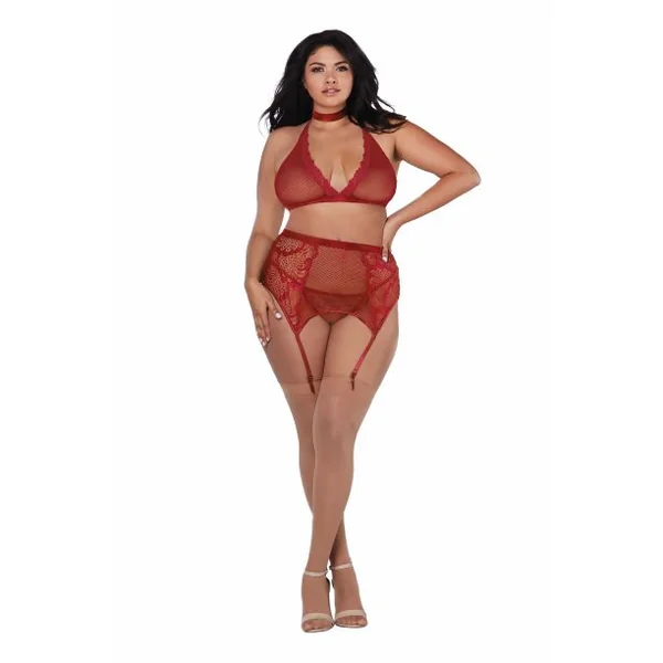 FISHNET & LACE 4PC SET W/ STRETCH VELVET TRIM GARNET O/S QUEEN