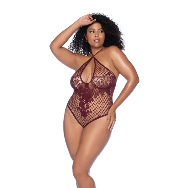 Floral Convertible Top Fishnet Bodysuit - Burgundy QN
