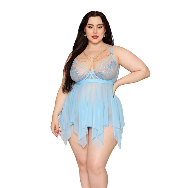 Floral Embroidered Lace and Stretch Mesh Babydoll w/G-String 2 pc Set - Arctic Blue 1X