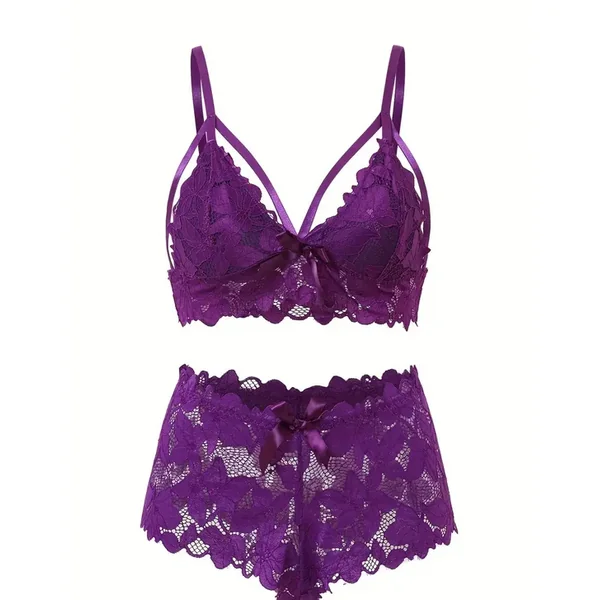Floral Lace Scalloped Sexy Lingerie Purple Queen Set