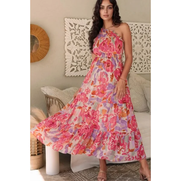 Floral Print Shirred One Shoulder Maxi Dress