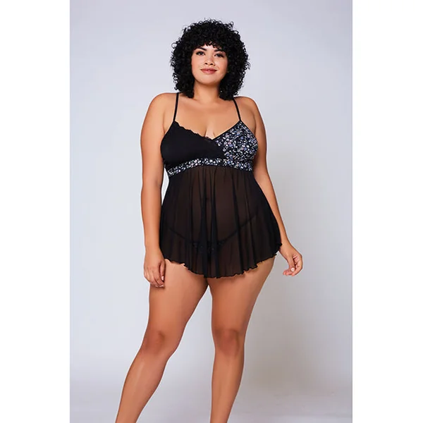 Galloon Lace, Micro Fiber & Fine Mesh Soft Cup Babydoll W/g-string Navy/black