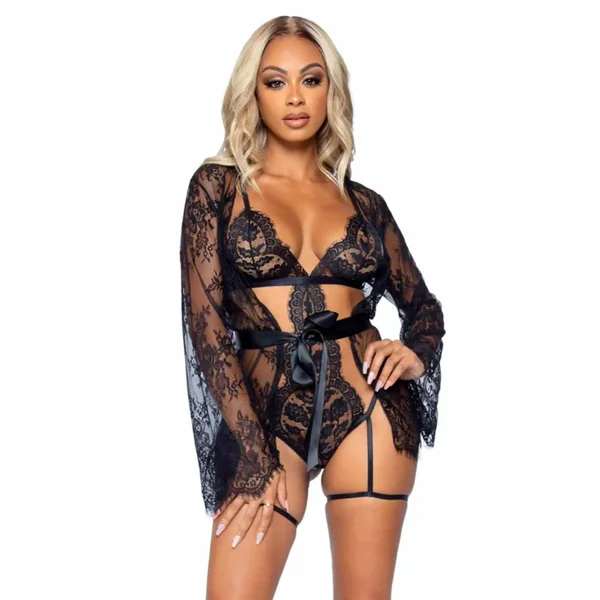 Garter Teddy with String Back and Robe Black Small