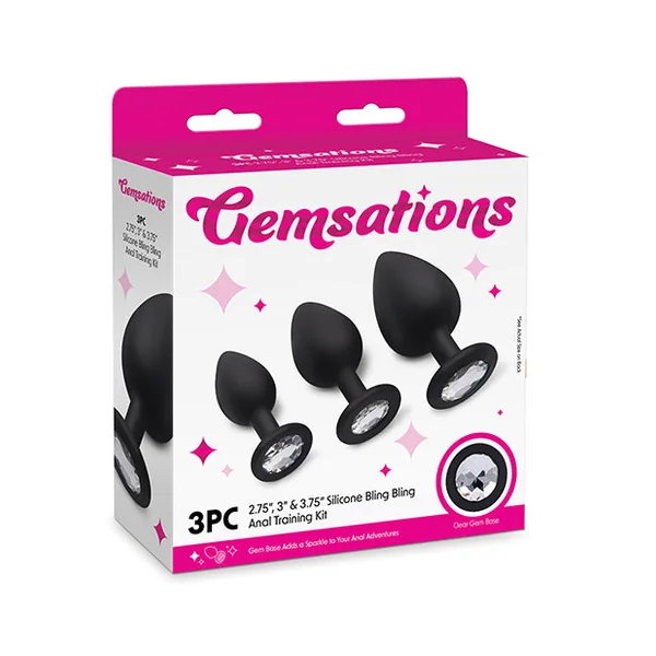 Gemsations 3 pc 2.75" & 3.15" & 3.7" Silicone Bling Bling Butt Plug Training Set - Black