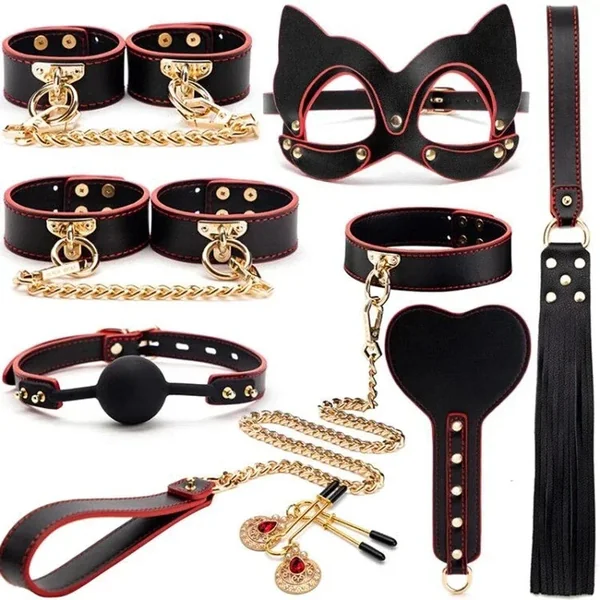 Genuine Leather BDSM Bondage Set β Collar, Handcuffs, Gag & Whip | Erotic Fetish Kit for Couples