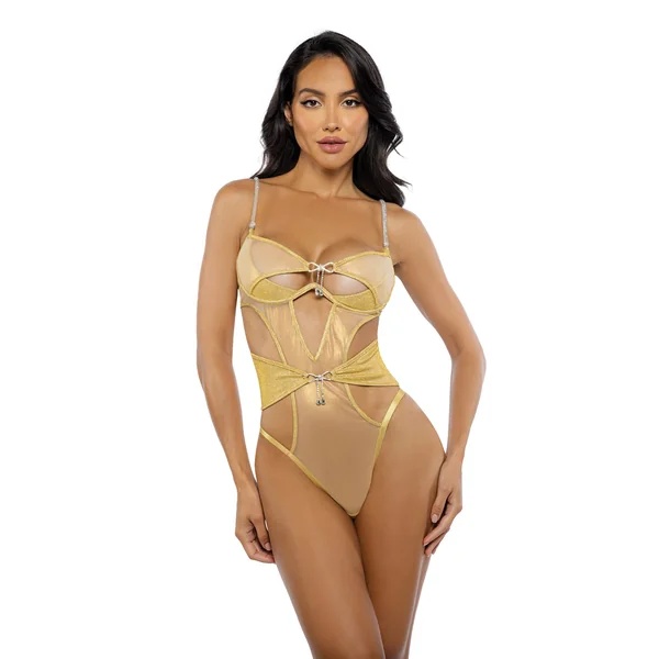 Gilded Beauty Metallic Shimmer Mesh Teddy w/Rhinestone Accents - Gold
