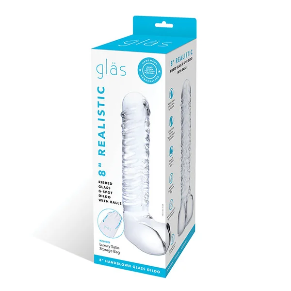 Glas 8" Realistic Ribbed Glass G-spot Dildo W-balls - Clear