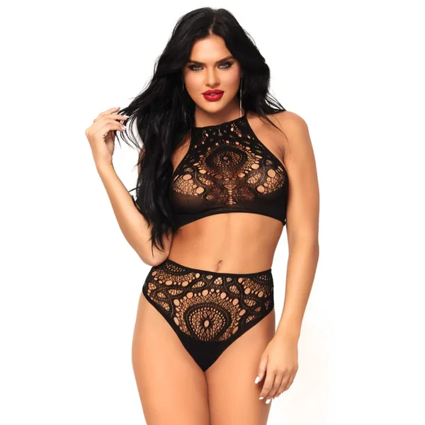 Halter Crop Top and High Waist Thong Black S/M