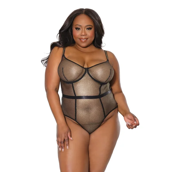 Holiday Metallic Fishnet Teddy w/Underwire Cups Black/Gold 1X/2X