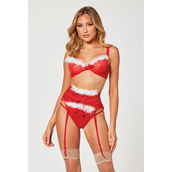 Holiday Sparkle Mesh Bra W/marabou Trim, Garter Belt & Panty Red