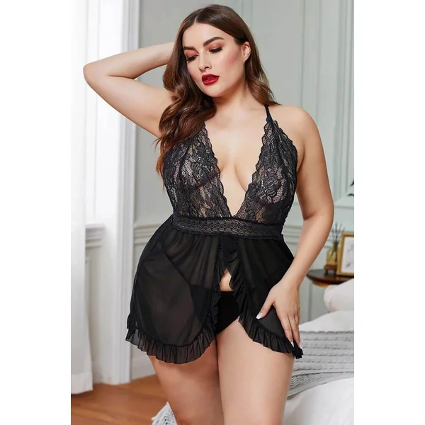 Honeysx Lace Stitching Mesh Ruffle Plus Size Lingerie